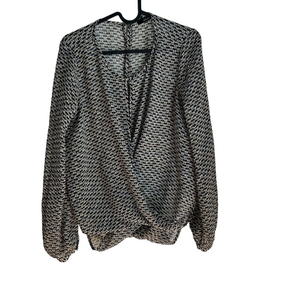 2/$15 ark&co. S Blouse with Draping black and tan pattern sheer - Picture 1 of 10